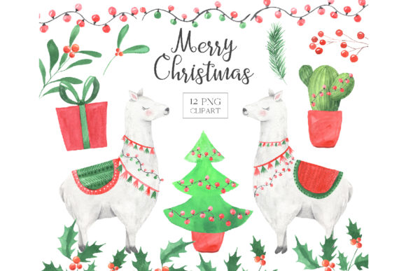 Charming Watercolor Christmas Llamas Clipart