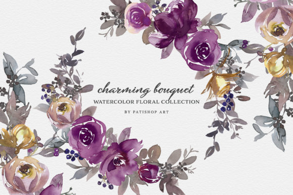 Purple Violet Watercolor Clipart Set for Design
