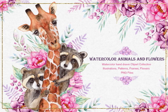 Watercolor Animals and Flowers Design Assets