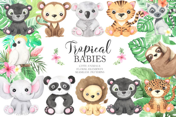Watercolor Tropical Animals Clipart for Nursery Design